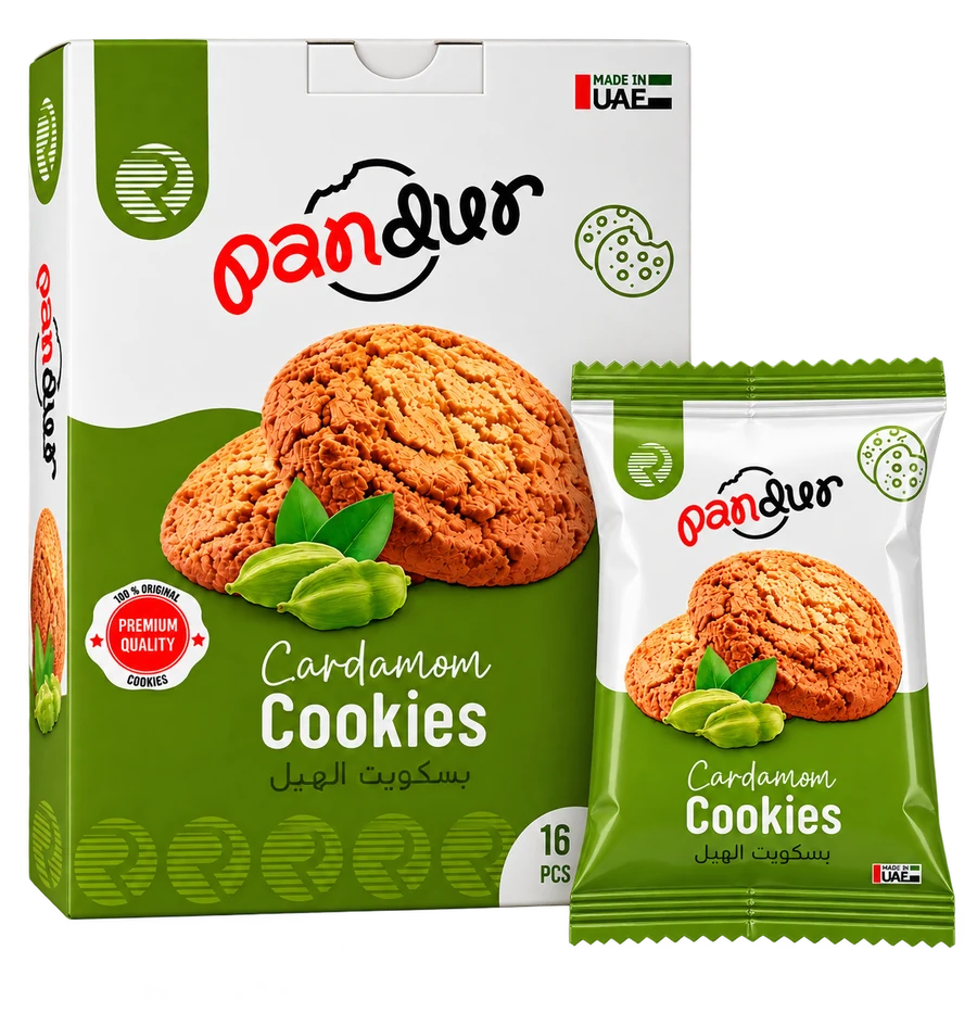 Pandur Cardamom Cookies — the 16-piece box beside a single sachet