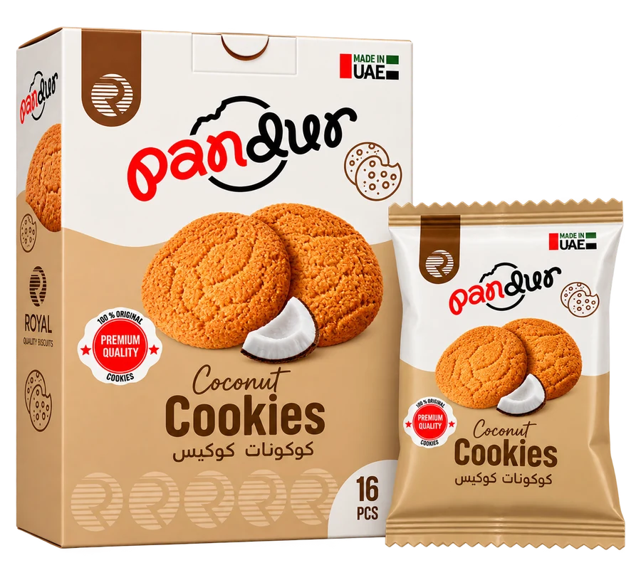 Pandur Coconut Cookies — the 16-piece box beside a single sachet