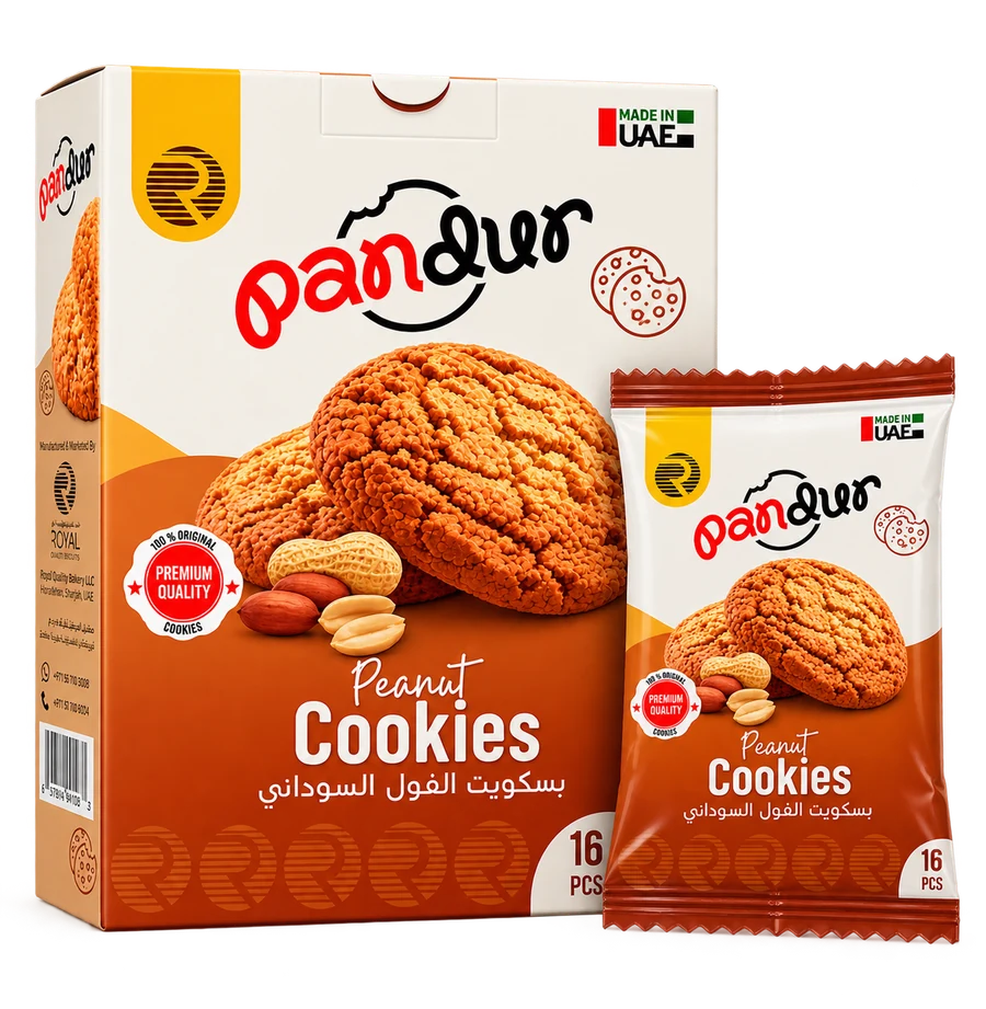 Pandur Peanut Cookies — the 16-piece box beside a single sachet